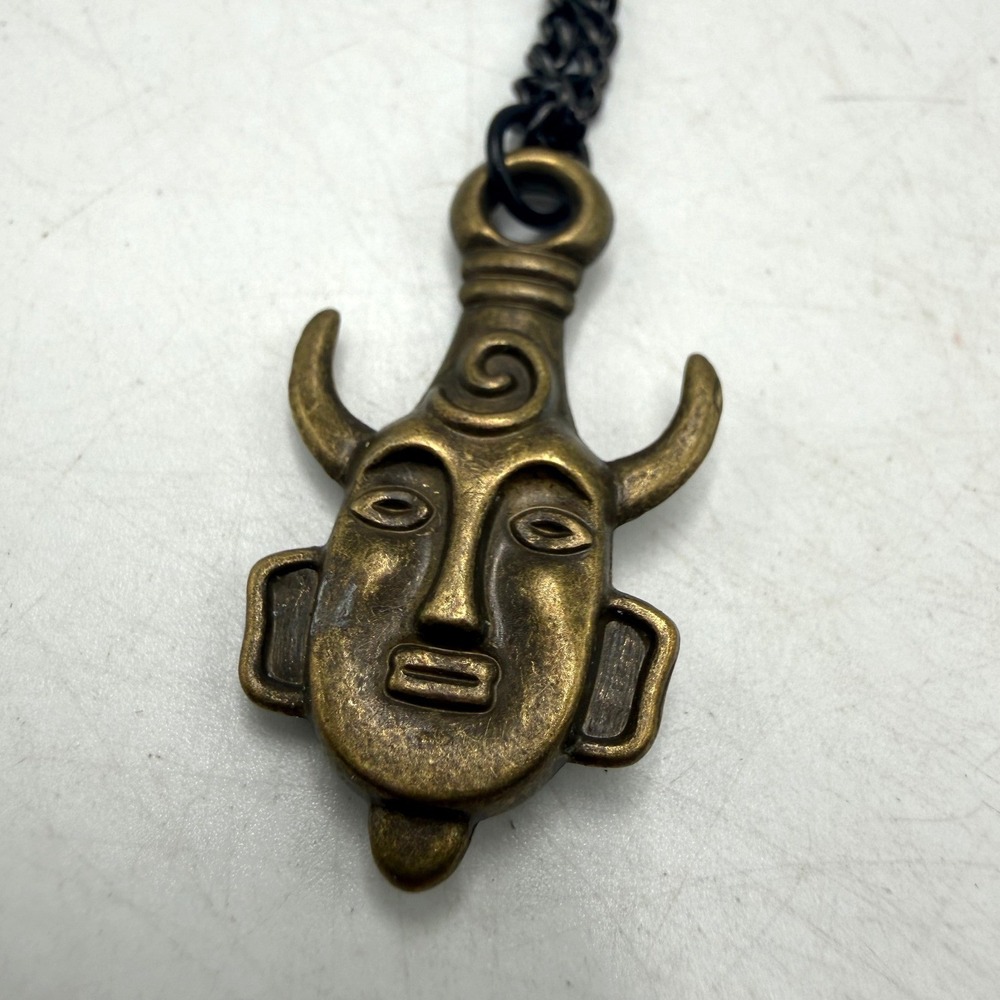 Bronze Tone Tribal Mask Horned Pendant Necklace Black Chain Gothic Boho